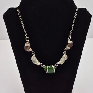 Beach Sea Glass Necklace 16-19" Silver Chain Statement Signed Sadie Green